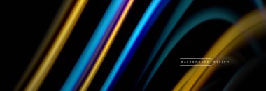 Dinamik hareket soyut arkaplan. Siyah üzerine bulanık renkli çizgiler. Sıvı çizgiler posteri. Vektör illüstrasyonu