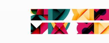 Soyut geometrik şekiller çakışıyor, renkli desenler yaratıyor. Beyaz arka planda canlı renkler kontrastı. Modern tasarım elemanları.