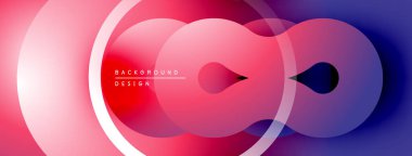 Soyut tasarım özellikleri üst üste binen daireler, gradyanlar. Pembe, mavi renkler kompozisyona hakim. Modern estetik, temiz çizgiler sunar.