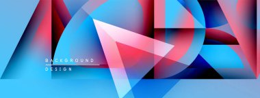 Soyut geometrik şekiller örtüşüyor, canlı mavi ve kırmızı renkler yaratıyor. Metin arka plan tasarımı okur. Modern, dinamik görsel kompozisyon.