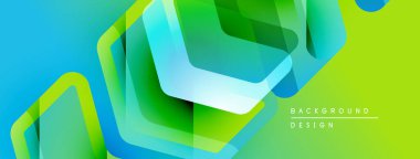 Soyut geometrik şekiller örtüşür, parlak mavi, yeşil eğimler yaratır. Modern tasarım teknoloji, yenilik ve enerji öneriyor.