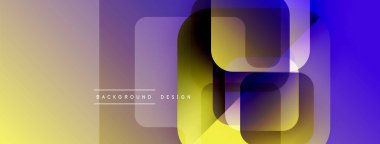 Soyut geometrik şekiller çakışıyor. Sarı, mor, mavi renkler modern tasarım yaratır. Minimalist biçim, gradyan etkisi mevcut.