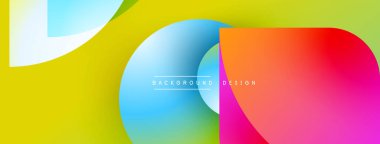 Soyut geometrik şekiller çakışıyor. Canlı renkler harmanlanarak, dinamik görsel efekt yaratır. Modern tasarım arka planlar için uygun.