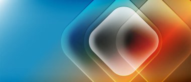 Soyut geometrik şekiller, canlı renklerin karışımı. Mavi turuncuya dönüşür, derinlik yaratır, parlaklık yaratır. Modern tasarım, pürüzsüz gradyanlar hakim..