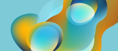 Soyut sıvı şekilleri örtüşür, canlı renk karışımları yaratır. Mavi, turuncu, deniz mavisi egemen bileşimi. Yumuşak eğimler hareketi önerir.