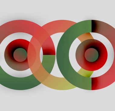 Üst üste binen daireler soyut kompozisyon oluşturur. Renkler karışıyor, karmaşık görsel desen oluşturuyor. Yumuşak gölgeler derinliği arttırır.