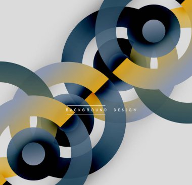 Soyut daireler çakışıyor, dinamik görsel etki yaratıyor. Sarı, mavi, gri renkler beyaz arkaplana hakim. Modern tasarım ögesi.