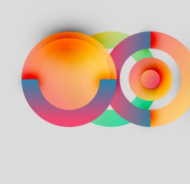 Soyut renkli daireler çakışıyor, dinamik görsel kompozisyon oluşturuyor. Gradyan renkler düzgün bir şekilde harmanlanarak modern estetik sunuyor..