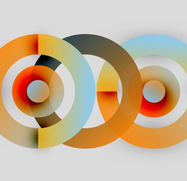 Üst üste binen daireler içeren soyut kompozisyon. Sıcak, serin renkler harmanlanarak, dinamik görsel efekt yaratır. Minimalist tasarım, modern estetik.