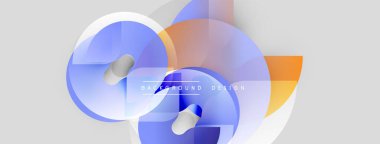 Soyut şekiller örtüşür, yumuşak eğimler yaratır. Mavi, turuncu renkler açık gri arkaplana hakim. Modern tasarım ögesi.