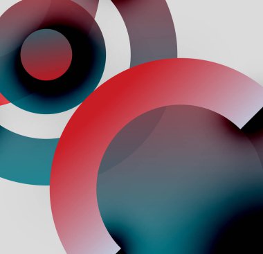 Üst üste binen daireler içeren soyut kompozisyon. Kırmızı, deniz mavisi, gri, beyaz renkler dinamik görsel efekt yaratır. Minimalist tasarım.