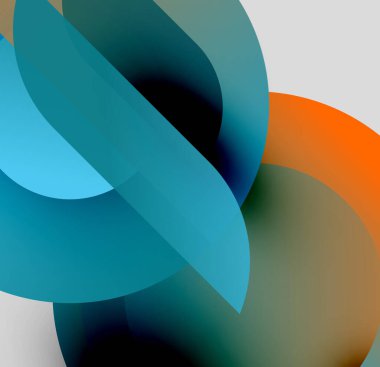 Soyut şekiller örtüşür, canlı renk karışımları yaratır. Teal, turuncu, gri tonlar kompozisyona hakim. Yumuşak gradyanlar biçimleri tanımlar.