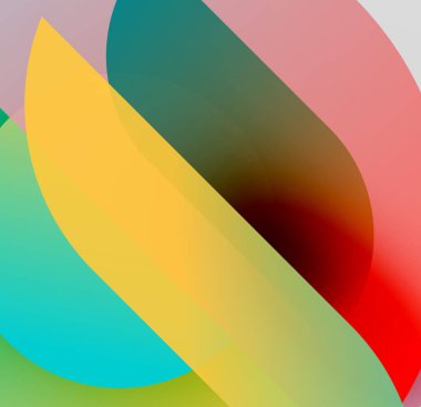 Soyut kompozisyon. Üst üste binen renkli şekiller dinamik görsel efekt yaratır. Düz eğimler, akış biçimleri, modern tasarım.