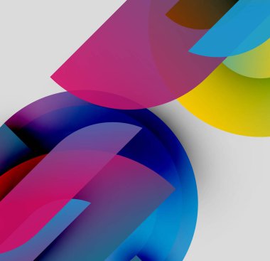 Soyut şekiller örtüşür, canlı renk karışımları yaratır. Yumuşak eğimler hareketi, derinliği gösterir. Modern tasarım elementleri kompozisyona hakim.