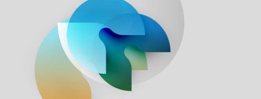 Soyut şekiller üst üste binerek sıvı formları oluşturur. Renkler mavi, yeşiller, sarılar beyaz arka plan. Modern tasarım hareketi ve enerjiyi çağrıştırıyor.