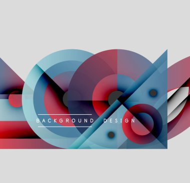 Soyut geometrik bileşim. Üst üste binen daireler, üçgenler dinamik görsel efekt yaratır. Kırmızı, mavi renkler dizaynın hakimi. Modern estetik.