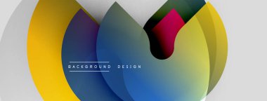 Soyut renkli çakışan daireler dinamik arkaplan oluşturur. Modern tasarım gradyanları, şekilleri, metin ögelerini içerir.