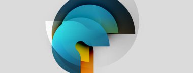 Soyut şekiller örtüşür, dinamik bileşim yaratır. Mavi, deniz mavisi, turuncu renkler nötr arka plana hakim. Modern tasarım elemanları.