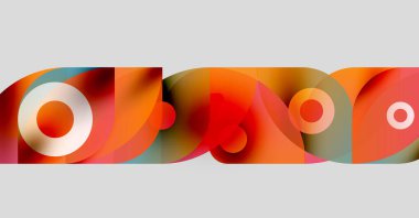 Üst üste binen daireler, kıvrımlar, sıcak renkler içeren soyut bir kompozisyon. Eğik tonlu modern tasarım, basit geometri.