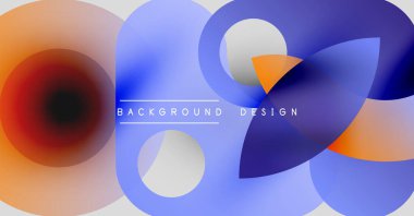 Soyut sıvı şekilleri örtüşür ve canlı renk değişimleri yaratır. Tasarım mavi, turuncu, beyaz tonlara sahiptir. Modern estetik.