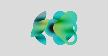 Soyut şekiller örtüşür, yumuşak eğimler yaratır. Teal, yeşil renkler kompozisyona hakim. Minimalist tasarım, modern estetik.