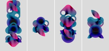 Soyut renkli şekiller örtüşür, canlı kompozisyonlar yaratır. Dört panelde çiçeklere benzeyen sıvı eğimleri var..