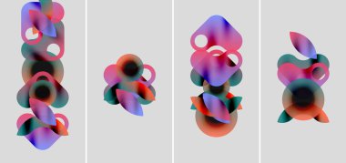 Soyut renkli şekiller örtüşür, canlı kompozisyonlar yaratır. Dört panelde sıvı formları, gradyanlar ve yumuşak kenarlar var. Modern tasarım.