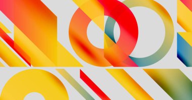 Soyut geometrik şekiller örtüşüyor, canlı renk eğimleri yaratıyor. Kompozisyonda daireler, dikdörtgenler, pürüzsüz geçişler var. Modern tasarım.