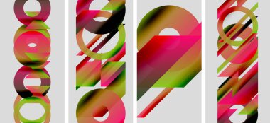 Soyut sanat eserleri. Dört panel üst üste binen renkli daireler, çizgiler, şekiller gösteriyor. Modern tasarım, canlı renkler, mevcut geometrik desenler.