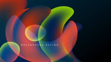 Soyut renkli şekiller örtüşür, canlı sıvı tasarımı yaratır. Koyu arkaplan parlak renkleri, modern estetiği vurgular..