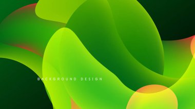 Soyut sıvı şekiller, canlı yeşil renkler baskın. Turuncu aksanlar koyu arkaplanda karşıtlık sağlar. Modern tasarım ögesi.