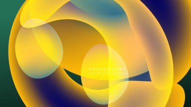 Soyut akışkan şekiller harmanlanır, parlak sarı ve mavi renkler yaratır. Koyu arkaplan, çağdaş tasarım elementinin akış biçimlerini vurgular.