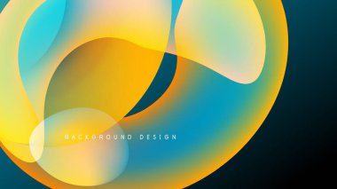 Soyut sıvı şekiller harmanlanarak canlı turuncu, mavi ve sarı renkler yaratır. Koyu arkaplan renkli tasarım unsurlarını vurgular. Modern estetik.