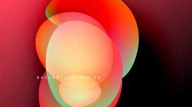 Soyut sıvı şekiller harmanlanarak canlı renk değişimleri yaratır. Kırmızı, turuncu, yeşil renkler koyu arkaplana hakim. Modern tasarım ögesi.