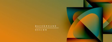 Soyut geometrik tasarım. Sıcak renkler baskın, katmanlı şekiller, kıvrımlar, dikdörtgenler. Modern estetik, uygun arkaplan ögesi.
