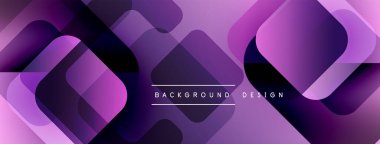 Soyut mor tasarım özellikleri üst üste binen yuvarlak kareler. Gradyan gölgeler derinlik yaratır, modern estetik. Minimalist stil.