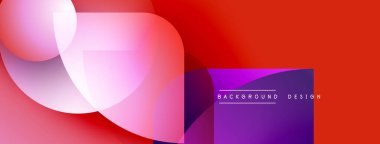 Soyut geometrik şekiller örtüşüyor, canlı renk eğimleri yaratıyor. Kırmızı, pembe, mor renkler kompozisyona hakim. Metin arkaplan tasarımı okur.