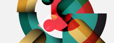 Soyut geometrik bileşim. Üst üste binen şekiller, dinamik görsel ilgi yaratır. Renkler kırmızı, deniz mavisi, altın, siyah, beyaz. Modern tasarım.