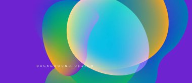 Soyut renkli şekiller örtüşüyor, canlı gradyanlar yaratıyor. Mor arkaplan tamamlayıcılar akan formlar, modern tasarım ögesi.