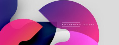 Soyut sıvı şekiller, canlı pembeler, morlar, maviler. Modern tasarım elementleri örtüşüyor, dinamik bileşimler oluşturuyor. Minimalist estetik.