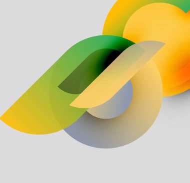 Soyut şekiller örtüşür, canlı renk karışımları yaratır. Sarılar, yeşiller, portakallar, griler dinamik bileşim oluştururlar. Modern tasarım ögesi.