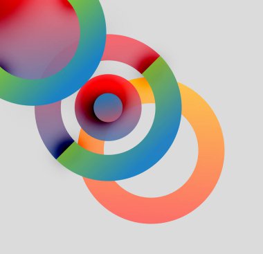 Soyut renkli daireler çakışıyor, dinamik görsel kompozisyon oluşturuyor. Dereceli gölgeler derinlik ekler, modern estetik.