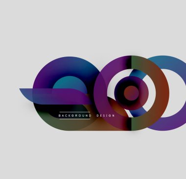 Soyut renkli çakışan daireler dinamik bir görsel oluşturur. Gradyan gölgeler harmanlanarak modern tasarım elementi oluşturur. Minimalist stil.
