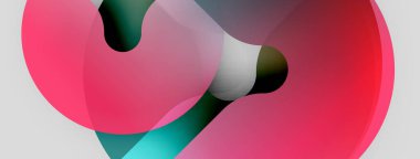 Soyut şekiller örtüşüyor, canlı pembe, deniz mavisi, beyaz bileşim oluşturuyor. Akışkan formlar hareket, derinlik ve modern tasarım estetiğini önerir..