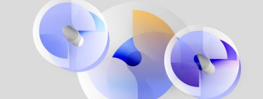 Üst üste binen dairesel formlar içeren soyut bileşim. Yumuşak maviler, morlar, sarılar katmanlı görsel efekt yaratır. Minimalist tasarım.