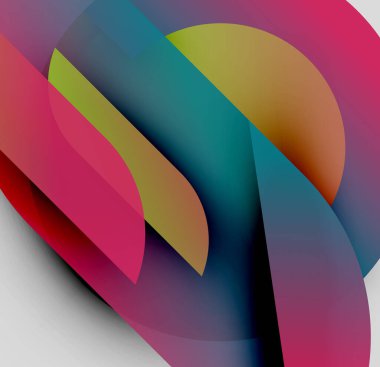 Soyut kompozisyon. Üst üste binen renkli şekiller dinamik görsel efekt yaratır. Düz gradyanlar, modern tasarım, canlı renkler.