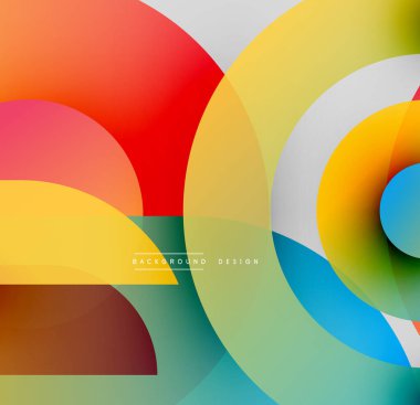 Soyut renkli çakışan daireler dinamik görsel kompozisyon oluşturur. Modern tasarım elementleri enerji, hareket.