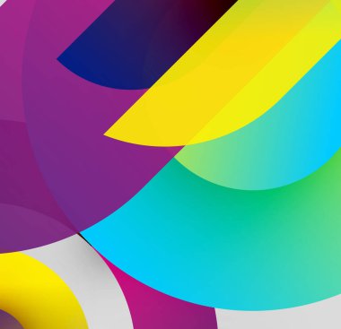 Soyut enerjik şekiller örtüşür, dinamik renkli kompozisyon oluşturur. Düz gradyanlar modern estetik sunan renkleri harmanlarlar.