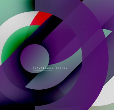 Soyut geometrik şekiller örtüşür, dinamik görsel efekt yaratır. Mor egemen, yeşil, beyaz, siyah renkler aksanlı. Modern tasarım.