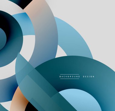 Soyut daireler üst üste binerek katmanlı görsel efekt yaratır. Renkler arasında deniz mavisi, turuncu, gri, beyaz. Modern tasarım ögesi.